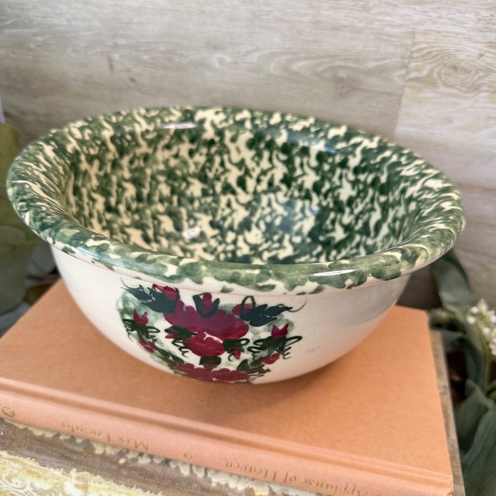 Green Spongeware Floral Heart Ceramic Mixing Bowl Farmhouse Country Decor